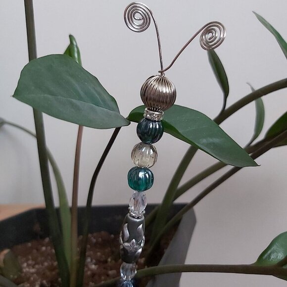 Handmade Glass & Metal Bead Caterpillar Plant Stake Decor - 11 Inches - Picture 1 of 3